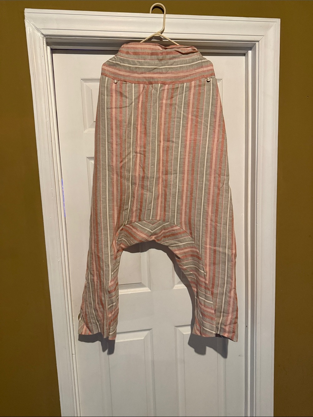 Striped Drop-Crotch Linen Blend Pants in Coral and Cream